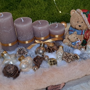 Adventi gyertyás asztaldísz kötött szőrmés kaspóban - karácsony - adventi díszek - adventi asztaldísz - Meska.hu