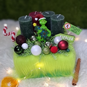 Grincses gyertyás asztaldísz szőrmés kaspóban - Meska.hu