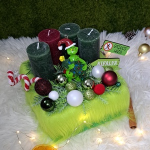 Grincses gyertyás asztaldísz szőrmés kaspóban - karácsony - adventi díszek - adventi asztaldísz - Meska.hu