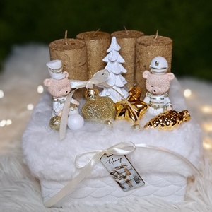Adventi gyertyás asztaldísz maci diótörővel, arany-fehér színekben - karácsony - adventi díszek - adventi asztaldísz - Meska.hu
