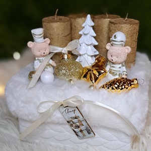 Adventi gyertyás asztaldísz maci diótörővel, arany-fehér színekben - Meska.hu