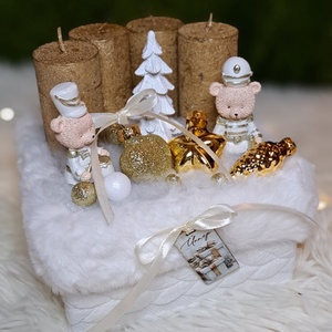 Adventi gyertyás asztaldísz maci diótörővel, arany-fehér színekben - karácsony - adventi díszek - adventi asztaldísz - Meska.hu