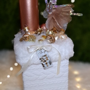 Adventi gyertyás asztaldísz balerinával, rosegold-fehér színekben - karácsony - adventi díszek - adventi asztaldísz - Meska.hu