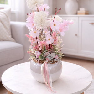 Virágos asztaldísz magasfényű keramia kaspóban, Otthon & Életmód, Dekoráció, Asztal és polc dekoráció, Asztaldísz, Virágkötés, MESKA