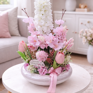 Virágos asztaldísz magasfényű keramia kaspóban, Otthon & Életmód, Dekoráció, Asztal és polc dekoráció, Asztaldísz, Virágkötés, MESKA