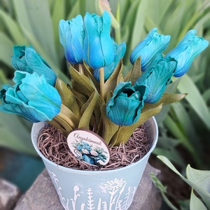 Papagáj tulipános kaspó türkiz színvilágban - otthon & életmód - virágdekoráció - virágdíszek - virágdísz kaspóban - Meska.hu