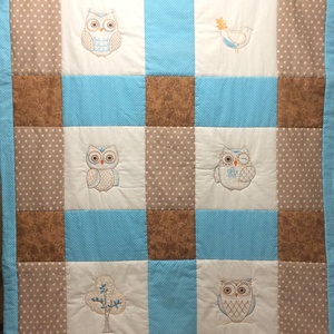 Barna-türkíz baglyos takaró, Otthon & Életmód, Babaszoba, gyerekszoba, Babatakaró, gyerek pléd, Hímzés, Patchwork, foltvarrás, MESKA