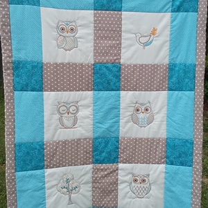 Barna-türkíz baglyos takaró, Otthon & Életmód, Babaszoba, gyerekszoba, Babatakaró, gyerek pléd, Hímzés, Patchwork, foltvarrás, MESKA