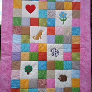 Takaró cicával, virággal, sünivel, almafával, kutyával és szívvel, Otthon & Életmód, Babaszoba, gyerekszoba, Babatakaró, gyerek pléd, Patchwork, foltvarrás, Varrás, MESKA