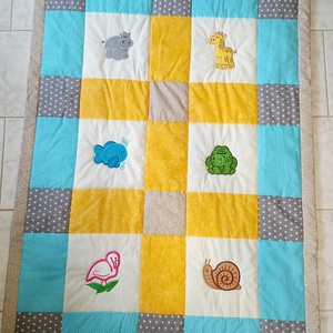  Csiga-bigás, flamingós. Takaró türkízkék-szürke-sárga, Otthon & Életmód, Babaszoba, gyerekszoba, Babatakaró, gyerek pléd, Hímzés, Patchwork, foltvarrás, MESKA