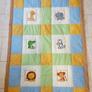 Állatos takaró drapp, zöld, kék és sárga színben, Otthon & Életmód, Babaszoba, gyerekszoba, Babatakaró, gyerek pléd, Hímzés, Patchwork, foltvarrás, MESKA