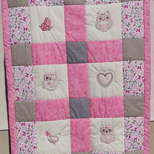 Rózsaszín pillangós, szíves, baglyos takaró, Baba - mama, Baba ágynemű, Babatakaró, gyerek pléd, Hímzés, Patchwork, foltvarrás, MESKA