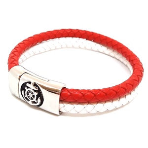 Tengerész piros-fehér valódi bőr karkötő, horgony mintás, nemesacél mágneszárral, nőknek - ékszer - karkötő - fonott karkötő - Meska.hu