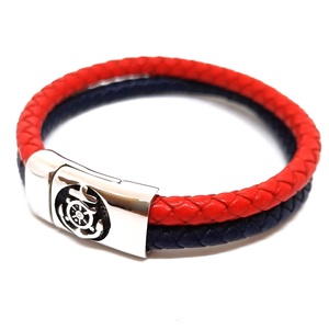 Tengerész sötétkék-piros valódi bőr karkötő, horgony mintás, nemesacél mágneszárral, nőknek-férfiaknak - ékszer - karkötő - fonott karkötő - Meska.hu