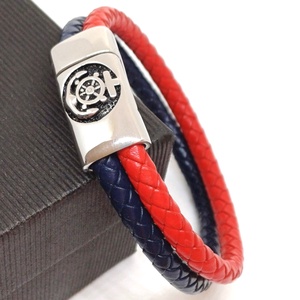 Tengerész sötétkék-piros valódi bőr karkötő, horgony mintás, nemesacél mágneszárral, nőknek-férfiaknak - ékszer - karkötő - fonott karkötő - Meska.hu