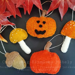 ŐSZI DEKORÁCIÓ 5 DB/SZETT SÜTŐTÖKKEL, HALLOWEEN TÖKKEL, MAKKAL, SZÍNES GOMBÁKKAL TERMÉSZETES ANYAGOKBÓL NEMEZDEKORÁCIÓ - otthon & életmód - dekoráció - fali és függő dekoráció - függődísz - Meska.hu