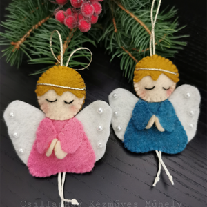 KÉK RUHÁS GYAPJÚFILC ANGYALKA/KARÁCSONYI DEKORÁCIÓ természetes anyagokból(gyapjúfilc,gyapjú),fehér gyönggyel,aranyzsinór - karácsony - karácsonyi lakásdekoráció - karácsonyfadíszek - Meska.hu