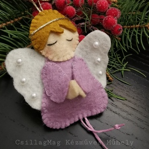 LILARUHÁS GYAPJÚFILC ANGYALKA/KARÁCSONYI DEKORÁCIÓ természetes anyagokból(gyapjúfilc,gyapjú),fehér gyönggyel,aranyzsinór, Karácsony, Karácsonyi lakásdekoráció, Karácsonyfadíszek, Varrás, MESKA