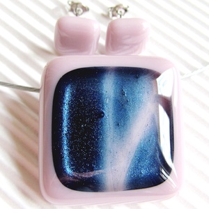Kék csillám rózsaszínben üveg medál és fülbevaló, NEMESACÉL, nyaklánc, üvegékszer szett - ékszer - ékszerszett - Meska.hu