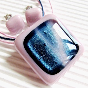 Kék csillám rózsaszínben üveg medál és fülbevaló, NEMESACÉL, nyaklánc, üvegékszer szett - ékszer - ékszerszett - Meska.hu