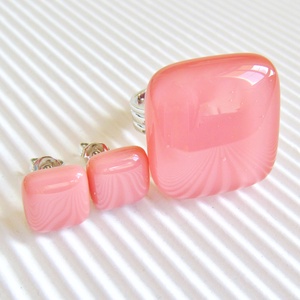 Lazacrózsaszín kocka üveg gyűrű és fülbevaló, üvegékszer szett -  - Meska.hu