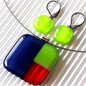Kékben-zöldben narancsdzsem mozaik üveg medál és bedugós fülbevaló, üvegékszer szett  - ékszer - ékszerszett - Meska.hu