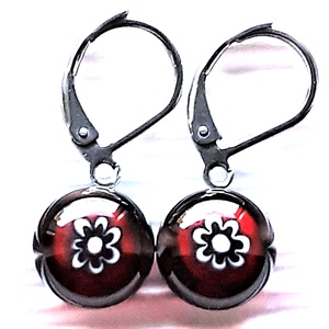 AKCIÓS! - Csoki-piros ezervirág millefiori üveg fülbevaló ORVOSI FÉM, üvegékszer  - ékszer - fülbevaló - pötty fülbevaló - Meska.hu