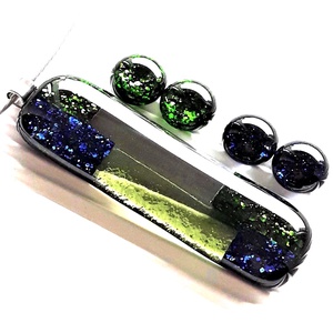 NEMESACÉL - Fiola szikrázó kékben-zöldben üveg medál és 2 pár fülbevaló, üvegékszer szett, Ékszer, Ékszerszett, Ékszerkészítés, Üvegművészet, MESKA