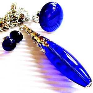 AKCIÓS! - Királykék gyöngy-csepp üveg medál, NEMESACÉL gyűrű és pötty fülbevaló, üvegékszer szett gyöngy medállal, Ékszer, Ékszerszett, Ékszerkészítés, Üvegművészet, MESKA
