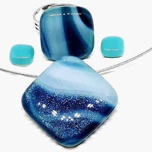 Kék selyemcsillám üveg medál, gyűrű és fülbevaló, NEMESACÉL/ORVOSI FÉM, minimal, üvegékszer szett - ékszer - ékszerszett - Meska.hu