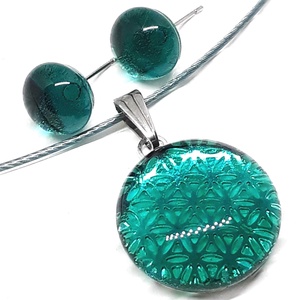 Életvirág mandala tengerszínben üveg medál és pötty fülbevaló, NEMESACÉL/ORVOSI FÉM, nyaklánc üvegékszer szett - ékszer - ékszerszett - Meska.hu