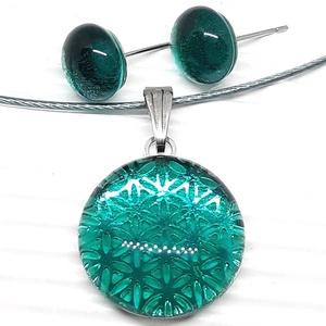 Életvirág mandala tengerszínben üveg medál és pötty fülbevaló, NEMESACÉL/ORVOSI FÉM, nyaklánc üvegékszer szett - ékszer - ékszerszett - Meska.hu