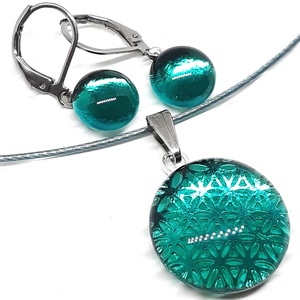 Életvirág mandala tengerszínben üveg medál és pötty fülbevaló, NEMESACÉL/ORVOSI FÉM, nyaklánc üvegékszer szett - ékszer - ékszerszett - Meska.hu