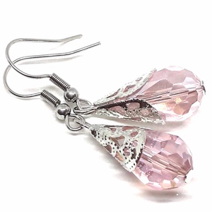 Rózsaszín kristálycsepp gyöngy fülbevaló NEMESACÉL akasztón, üveggyöngy - Meska.hu