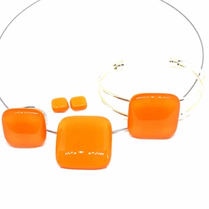 Selymes mandarin kocka üveg medál, karkötő, gyűrű és fülbevaló NEMESACÉL/ORVOSI FÉM, üvegékszer szett, Ékszer, Ékszerszett, Ékszerkészítés, Üvegművészet, Meska