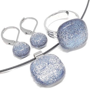 NEMESACÉL - Hamvas-kékes ezüst ragyogás dichroic üveg medál, francia kapcsos fülbevaló és gyűrű, üvegékszer szett - ékszer - ékszerszett - Meska.hu