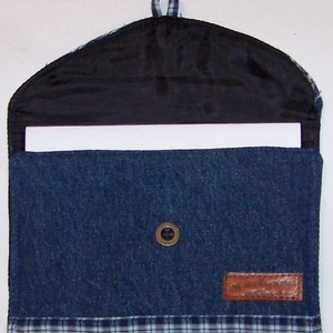 Eü kiskönyv tartó tok, farmer és kockás, puha boríték, tasak, borító, bélelt, NoWaste, denim - otthon & életmód - papír, írószer - könyv- és füzetborító - Meska.hu
