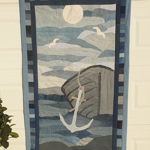 Falikép, falvédő: nagyméretű, rojtolt farmer patchwork, puha, mosható. Vízpart: 104x176 cm. Új, egyedi, kézműves termék - Meska.hu