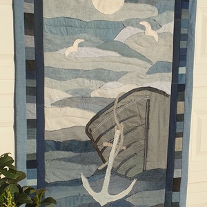 Falikép, falvédő: nagyméretű, rojtolt farmer patchwork, puha, mosható. Vízpart: 104x176 cm. Új, egyedi, kézműves termék - művészet - textilkép - egyéb - Meska.hu