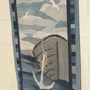 Falikép, falvédő: nagyméretű, rojtolt farmer patchwork, puha, mosható. Vízpart: 104x176 cm. Új, egyedi, kézműves termék - művészet - textilkép - egyéb - Meska.hu