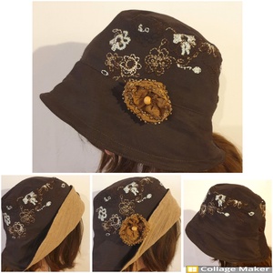 Kalap, sapka: kifordítható. Ajándék kitűzővel. 57 cm. Barna virágos és középbarna, csipkés. Upcycling, NoWaste. Egyedi - ruha & divat - sál, sapka, kendő - kalap - Meska.hu