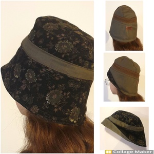 Női kalap, sapka: kifordítható, 53 cm. Terepzöld szövet, barna csipkével és kordbársony, virágokkal. Upcycled, NoWaste. - ruha & divat - sál, sapka, kendő - kalap - Meska.hu