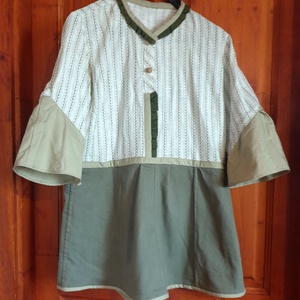 Tunika, natúr stílusban, L, 46 méret. Pamut és len felsőrész, rózsákkal, terepzöld farmerrel. Új, egyedi, Upcycled, NoWa - ruha & divat - női ruha - tunika - Meska.hu