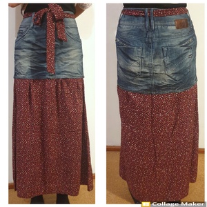 Szoknya, farmer és bordó virágos. S, 38 méret. Új, Egyedi tervezésű, kézműves termék. Upcycled, NoWaste. - ruha & divat - női ruha - szoknya - Meska.hu