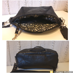 Övtáska, retikül. Fekete valódi bőr, ezüst virággal, bőrfűzéssel. Egyedi, kézműves. Ajándéknak is - táska & tok - övtáska - Meska.hu