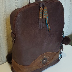 Hátizsák, valódi bőr, laptopnak is, nagyméretű. Barna, türkizzel. Új, egyedi, kézműves termék - Meska.hu