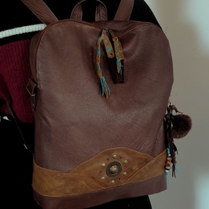 Hátizsák, valódi bőr, laptopnak is, nagyméretű. Barna, türkizzel. Új, egyedi, kézműves termék - táska & tok - laptoptáska, laptop hátizsák - Meska.hu