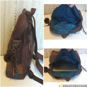Hátizsák, valódi bőr, laptopnak is, nagyméretű. Barna, türkizzel. Új, egyedi, kézműves termék - táska & tok - laptoptáska, laptop hátizsák - Meska.hu