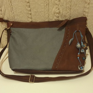 Válltáska, puha valódi bőr. Barna és szürkéskék, egyedi díszítéssel. Új, kézműves termék. Ajándéknak is - Meska.hu