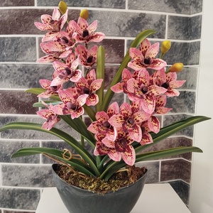 Pink foltos élethű Cymbidium, csónakban, Otthon & Életmód, Dekoráció, Asztal és polc dekoráció, Asztaldísz, , MESKA